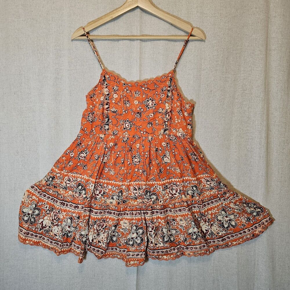Urban Outfitters Sundress Orange Floral Mini Embroidered Scalloped Hem Small